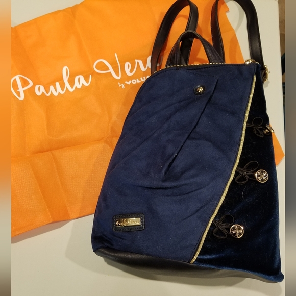Paula Vera Handbags - Paula Vera small blue backpack. Asian-inspired details Satin/velour/faux leather